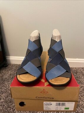 Comfortiva Farrow Wedge Sandals in Denim Blue and Charcoal